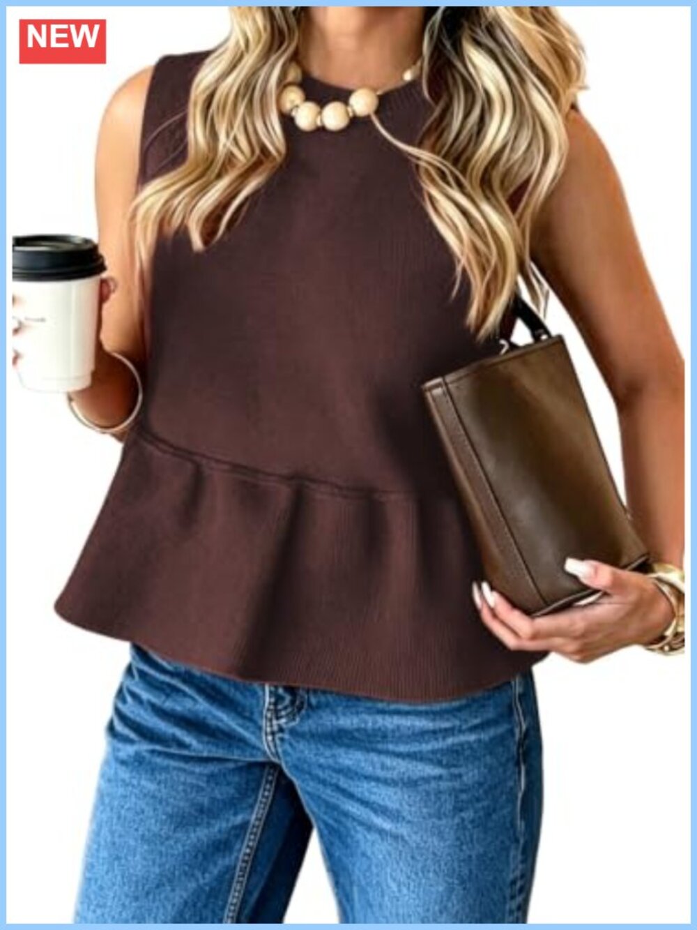 Sleeveless Peplum Sweater Vest Nylon Viscose Blend Babydoll Knit Top